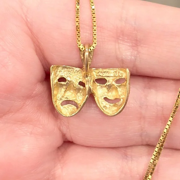 14K Drama Comedy Mask Pendant Yellow Gold Michael Anthony Actor Theater Thespian - Picture 10 of 14
